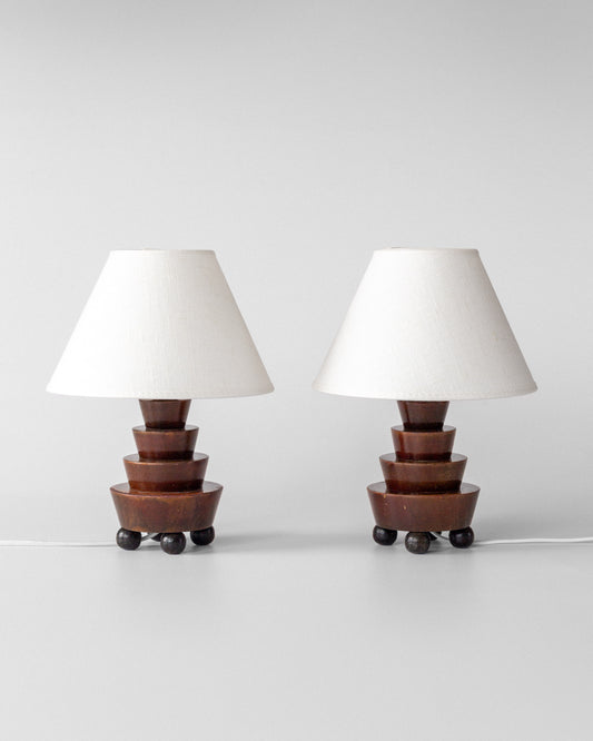 Pair of Stepped Wooden Table Lamps